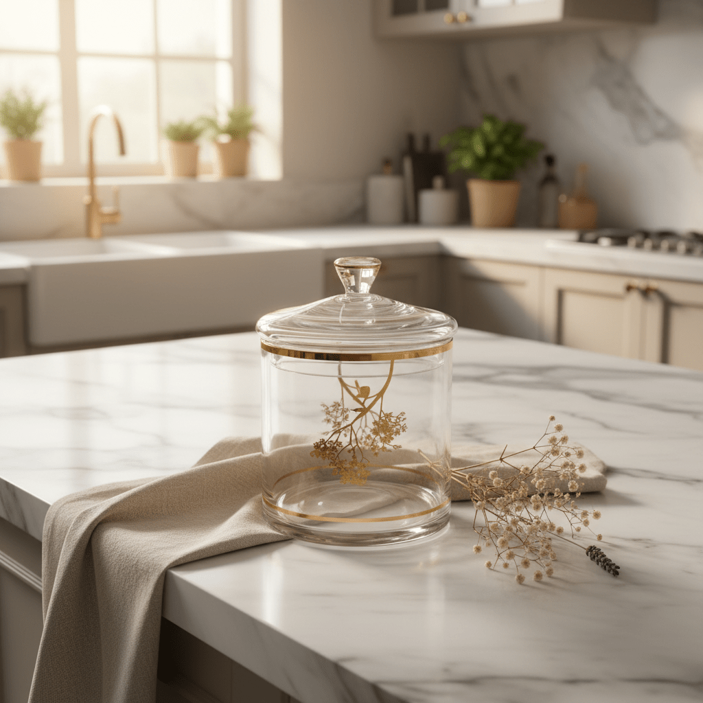 Almarjan Gold Botanical Lidded Glass Jar — Timeless Elegance for the Modern Home | 12.5×12.5cm - Al Kabayel Discount CentreAlmarjan Gold Botanical Lidded Glass Jar — Timeless Elegance for the Modern Home | 12.5×12.5cmJars & Food SaversALMARJANAl Kabayel Discount Centre