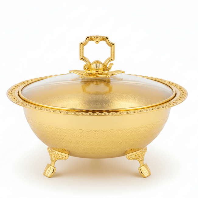 Almarjan Luxury Gold Metal Dates Bowl with Elegant Glass Lid for Premium Serving & Display – 20cm - Al Kabayel Discount CentreAlmarjan Luxury Gold Metal Dates Bowl with Elegant Glass Lid for Premium Serving & Display – 20cmBowlsALMARJANAl Kabayel Discount Centre
