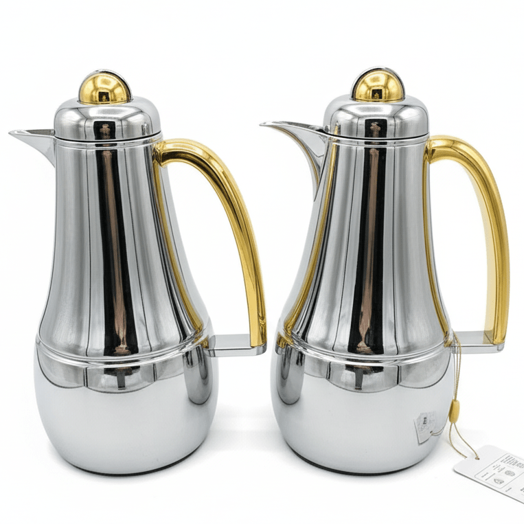Almarjan Premium 2 - Piece Vacuum Flask Set 1L + 1L – Silver Finish with Gold Handle for Tea & Coffee - Al Kabayel Discount CentreAlmarjan Premium 2 - Piece Vacuum Flask Set 1L + 1L – Silver Finish with Gold Handle for Tea & CoffeeThermosALMARJANAl Kabayel Discount Centre