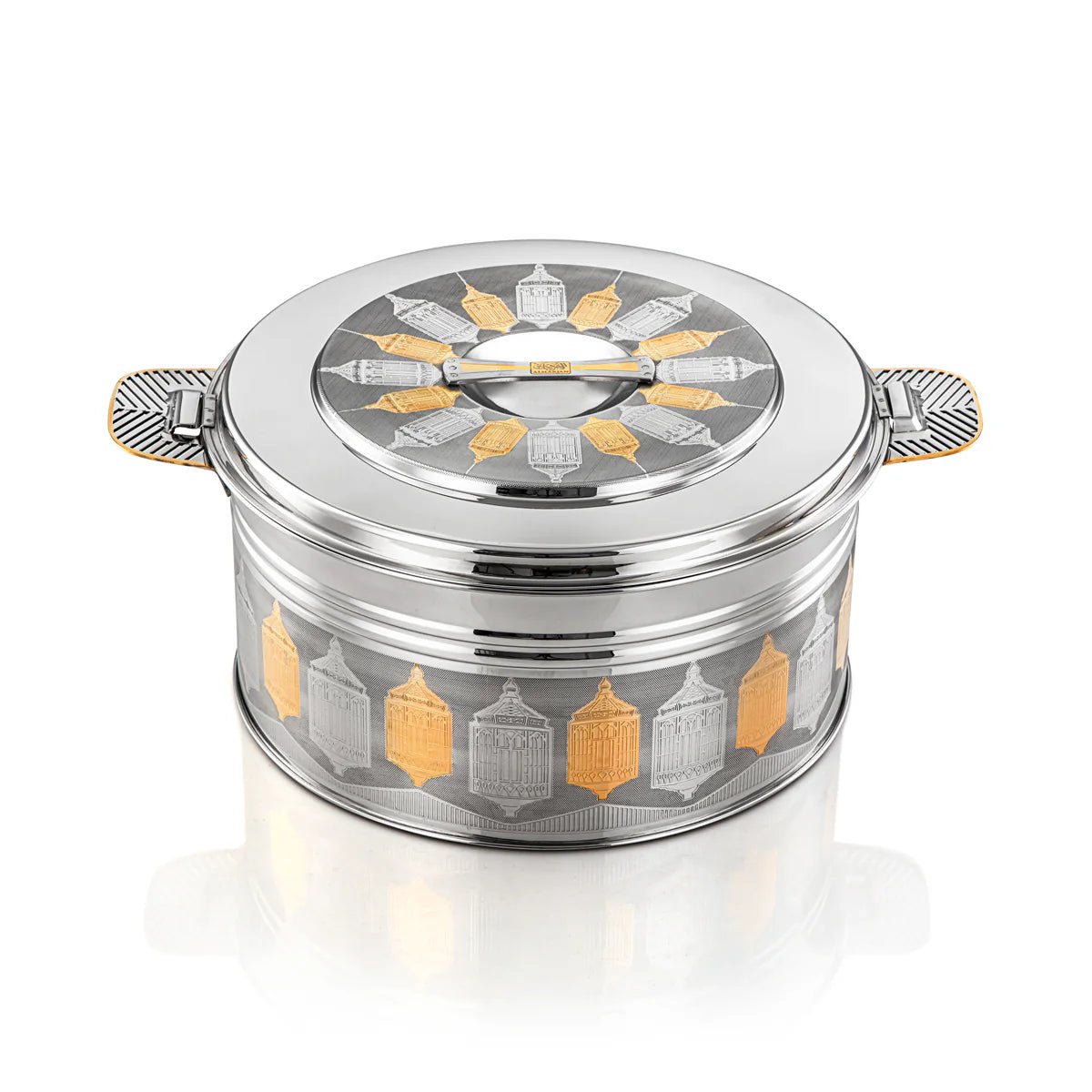 ALMARJAN Round Hotpot 9 Litre Shaharzad, Silver/Gold - Al Kabayel Discount CentreALMARJAN Round Hotpot 9 Litre Shaharzad, Silver/GoldCasseroles & Stock PotsAl Kabayel Discount CentreAl Kabayel Discount Centre