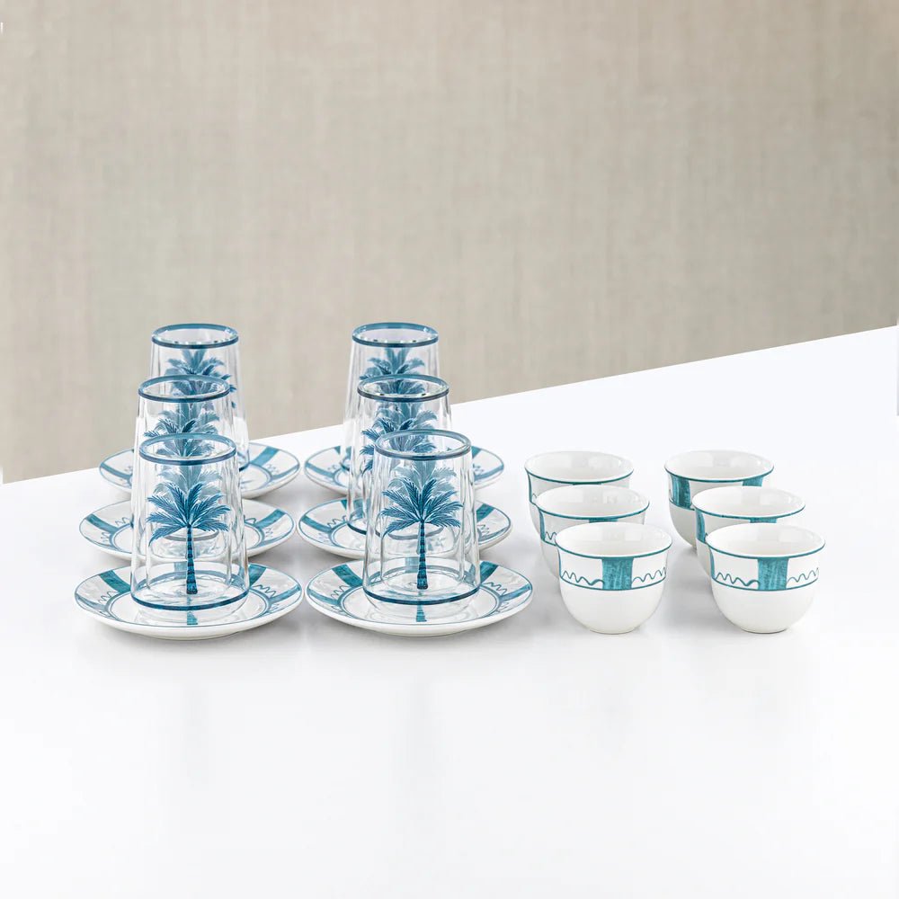 Almarjan Tea & Arabic Coffee Set 18 Pieces Glass & Porcelain White With Blue - Al Kabayel Discount CentreAlmarjan Tea & Arabic Coffee Set 18 Pieces Glass & Porcelain White With BlueTea SetsALMARJANAl Kabayel Discount Centre