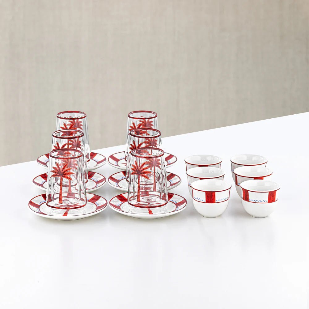 Almarjan Tea & Arabic Coffee Set 18 Pieces Glass & Porcelain White With Red - Al Kabayel Discount CentreAlmarjan Tea & Arabic Coffee Set 18 Pieces Glass & Porcelain White With RedTea SetsALMARJANAl Kabayel Discount Centre