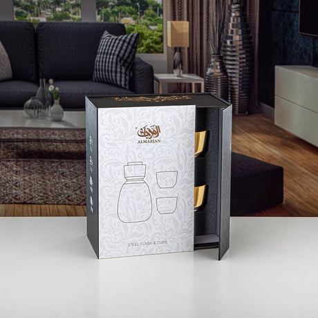 ALMARJAN Vaccum Flask 600ml with 2 Cups 90ml, Gold - K06QS02 - Al Kabayel Discount CentreALMARJAN Vaccum Flask 600ml with 2 Cups 90ml, Gold - K06QS02Tea SetsALMARJANAl Kabayel Discount Centre