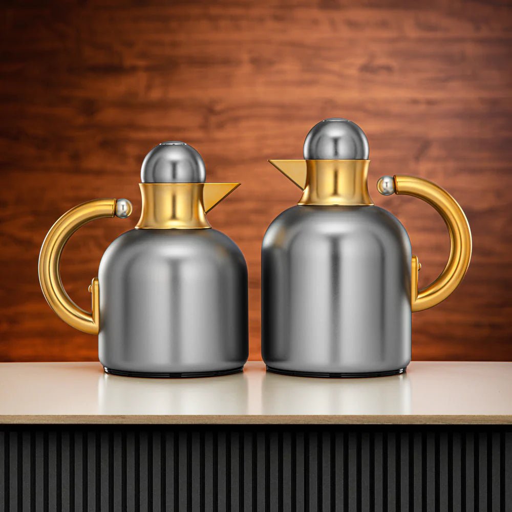 Almarjan Vacuum Flask Set 0.6L + 1L Matt Nickel & Matt Gold - Al Kabayel Discount CentreAlmarjan Vacuum Flask Set 0.6L + 1L Matt Nickel & Matt GoldThermosALMARJANAl Kabayel Discount Centre