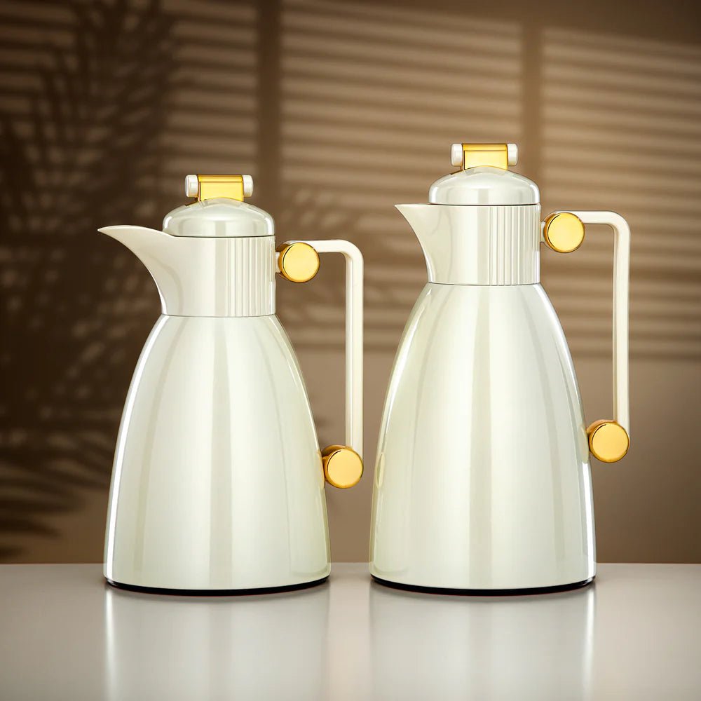 Almarjan Vacuum Flask Set 0.7L & 1L Pearl White & Gold - Al Kabayel Discount CentreAlmarjan Vacuum Flask Set 0.7L & 1L Pearl White & GoldThermosALMARJANAl Kabayel Discount Centre