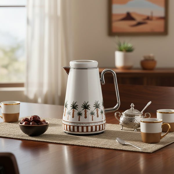 Almarjan XL01 - ART - PT Vacuum Flask – 0.7L – White with Palm Tree Design - Al Kabayel Discount CentreAlmarjan XL01 - ART - PT Vacuum Flask – 0.7L – White with Palm Tree DesignThermosALMARJANAl Kabayel Discount Centre