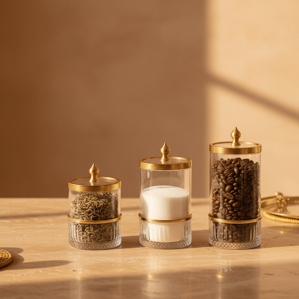 Ameco 3 - Piece Clear Crystal Glass Canister Set with Gold Lid | Premium Storage Jars for Kitchen, Vanity & Home Décor 13*16*19cm - Al Kabayel Discount CentreAmeco 3 - Piece Clear Crystal Glass Canister Set with Gold Lid | Premium Storage Jars for Kitchen, Vanity & Home Décor 13*16*19cmJars & Food SaversAMECOAl Kabayel Discount Centre
