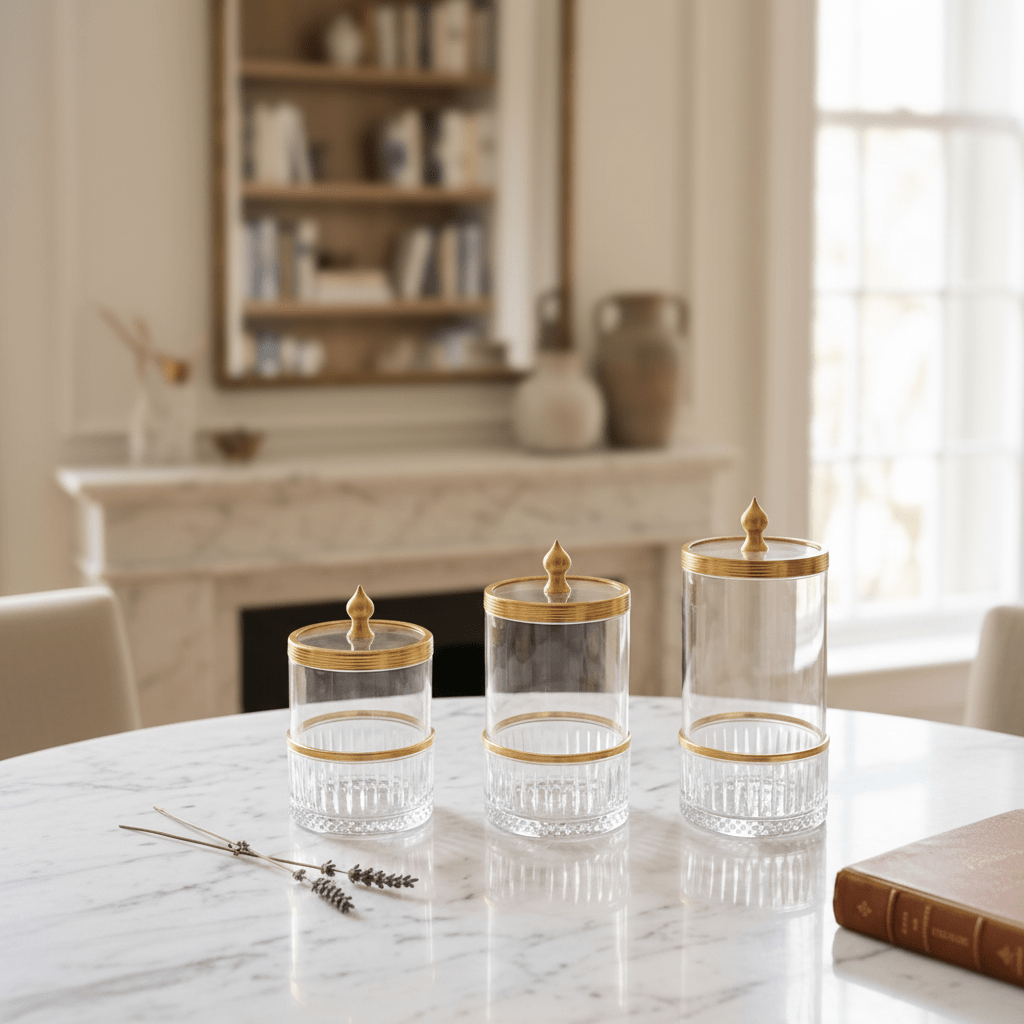 Ameco 3 - Piece Clear Crystal Glass Canister Set with Gold Lid | Premium Storage Jars for Kitchen, Vanity & Home Décor 13*16*19cm - Al Kabayel Discount CentreAmeco 3 - Piece Clear Crystal Glass Canister Set with Gold Lid | Premium Storage Jars for Kitchen, Vanity & Home Décor 13*16*19cmJars & Food SaversAMECOAl Kabayel Discount Centre