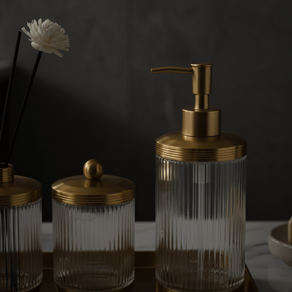 Ameco 4 - Piece Ribbed Clear Glass & Gold Bathroom Accessory Set - Al Kabayel Discount CentreAmeco 4 - Piece Ribbed Clear Glass & Gold Bathroom Accessory SetOrganizers & AccessoriesAMECOAl Kabayel Discount Centre