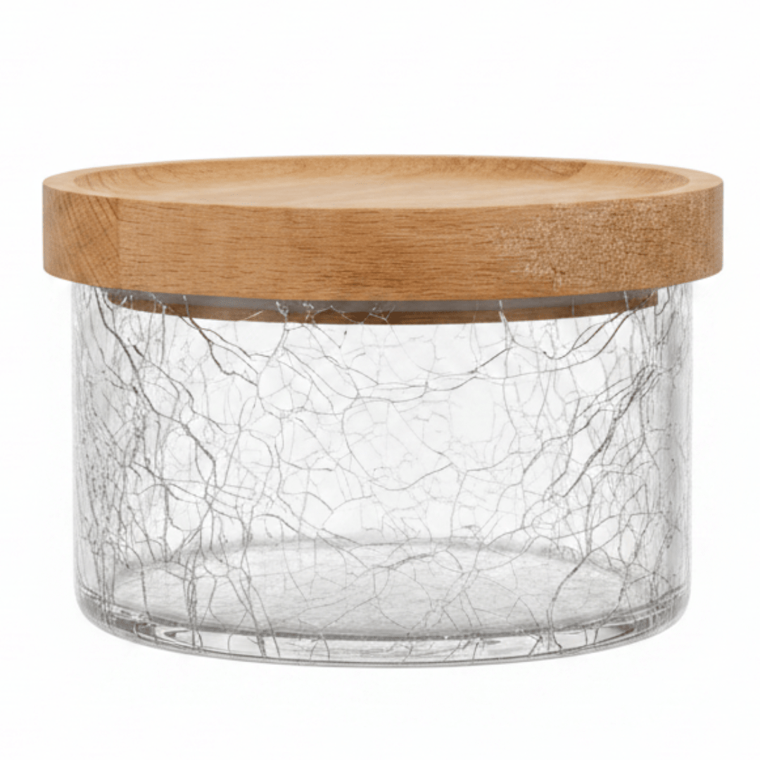 Ameco Crackle Glass Canister with Bamboo Wooden Lid – 180ml | - Al Kabayel Discount CentreAmeco Crackle Glass Canister with Bamboo Wooden Lid – 180ml |Jars & Food SaversAMECOAl Kabayel Discount Centre