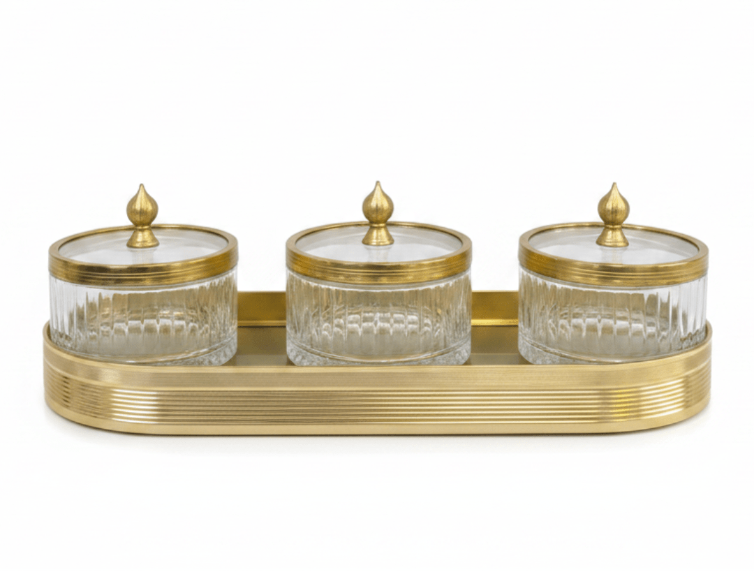 Ameco Luxury 3 - Piece Clear Glass Canister Set with Gold Lids & Serving Tray | 6.5*3cm 35*15cm - Al Kabayel Discount CentreAmeco Luxury 3 - Piece Clear Glass Canister Set with Gold Lids & Serving Tray | 6.5*3cm 35*15cmJars & Food SaversAMECOAl Kabayel Discount Centre