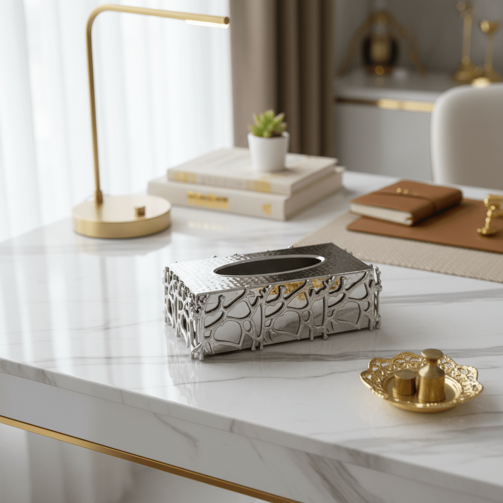 Ameco Luxury Silver Metal Tissue Box Holder with Elegant Modern Decorative Design for Home Office Majlis and Hotel Table Décor 25×13 cm - Al Kabayel Discount CentreAmeco Luxury Silver Metal Tissue Box Holder with Elegant Modern Decorative Design for Home Office Majlis and Hotel Table Décor 25×13 cmNapkin Holders & Tissue BoxAMECOAl Kabayel Discount Centre