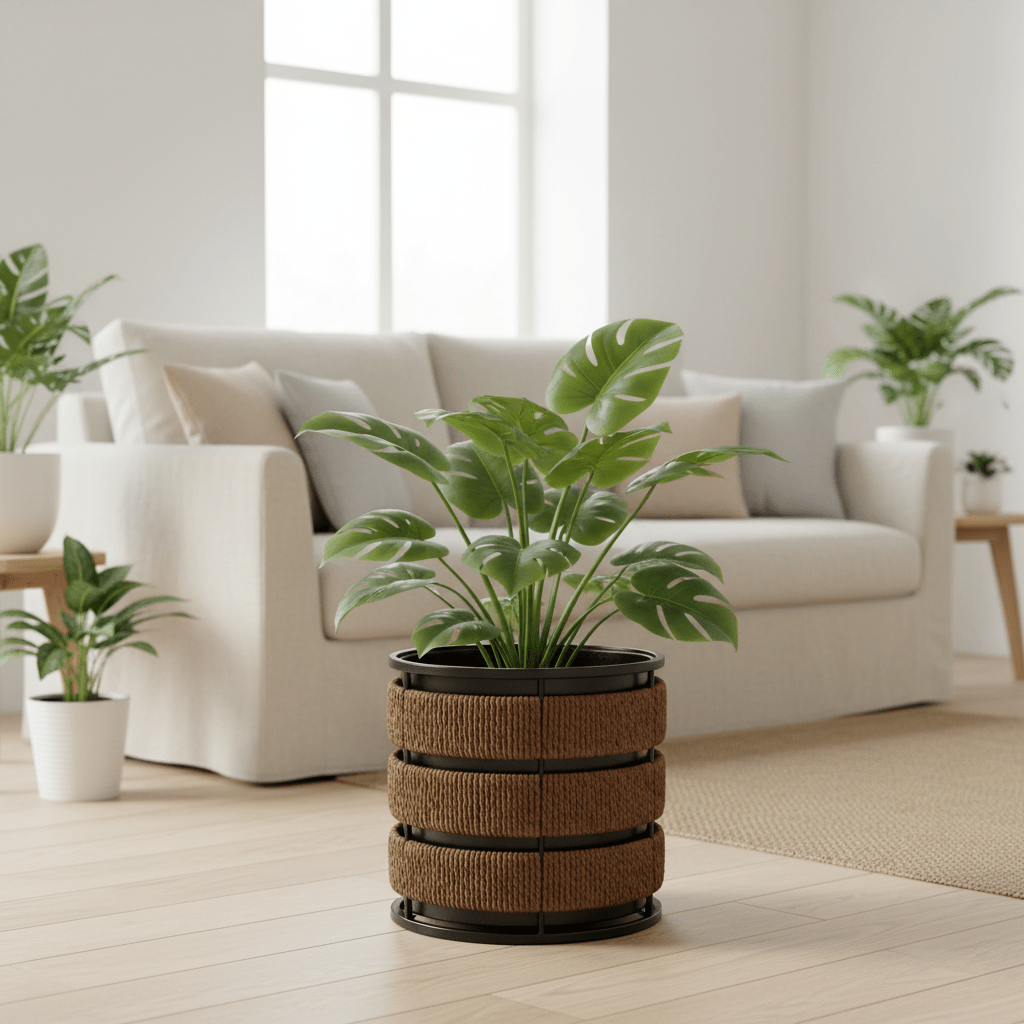 Amin Brown & Black Round Planter Pot with Seagrass Weave & Black Metal Frame - 26×26 cm - Al Kabayel Discount CentreAmin Brown & Black Round Planter Pot with Seagrass Weave & Black Metal Frame - 26×26 cmFlower VaseAMINAl Kabayel Discount Centre