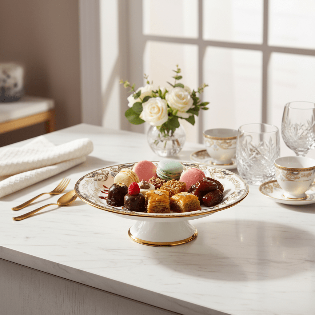 Angela AB - 151 Ceramic Round Pedestal Bowl with Stand – 30 cm – White with Gold Detailing - Al Kabayel Discount CentreAngela AB - 151 Ceramic Round Pedestal Bowl with Stand – 30 cm – White with Gold DetailingServing TraysANGELAAl Kabayel Discount Centre