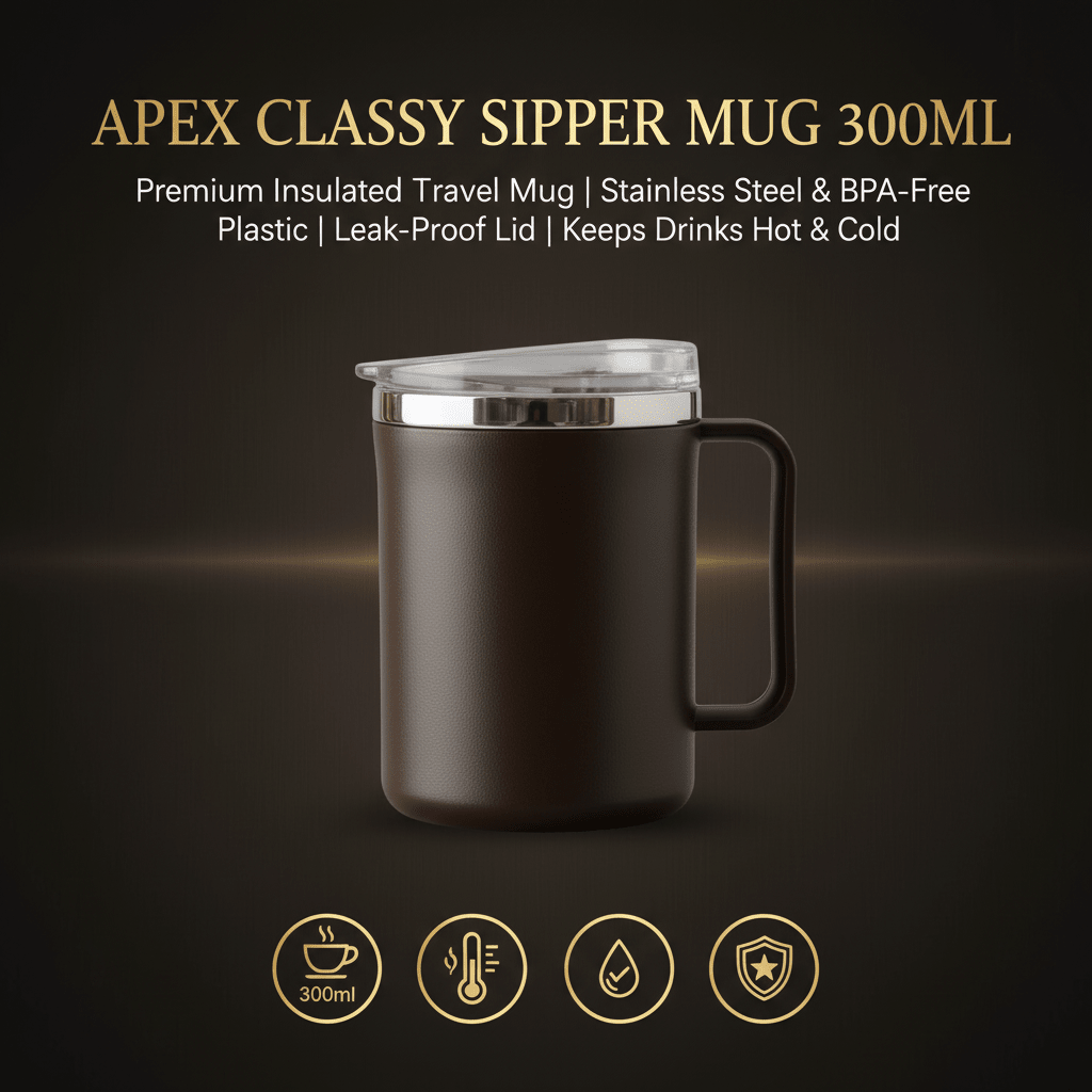 Apex Classy Sipper Mug 300ml — Brown | Stainless Steel & Premium Plastic | Insulated Travel Mug with Leak - Proof Lid - Al Kabayel Discount CentreApex Classy Sipper Mug 300ml — Brown | Stainless Steel & Premium Plastic | Insulated Travel Mug with Leak - Proof LidMugsAPEXAl Kabayel Discount Centre