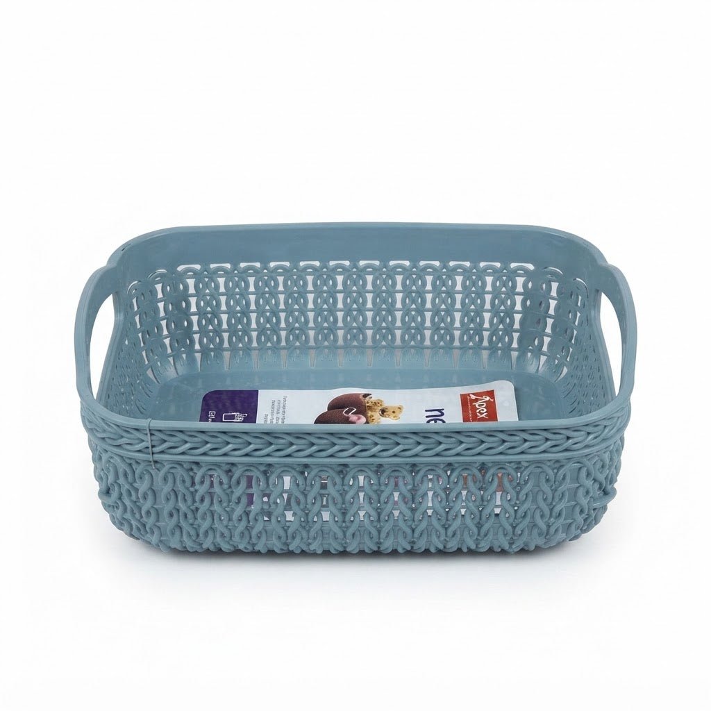 Apex Plastic Net Basket Rattan-Style Weave with Handles 20×14 cm - Brown / Light Green / Dusty Blue - Al Kabayel Discount CentreApex Plastic Net Basket Rattan-Style Weave with Handles 20×14 cm - Brown / Light Green / Dusty BlueOrganizers & AccessoriesAPEXAl Kabayel Discount Centre