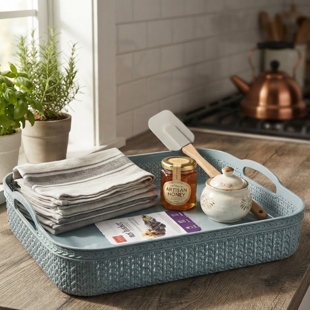 Apex Plastic Net Basket Rattan-Style Weave with Handles - 34×26 cm - Dusty Blue / Grey - Al Kabayel Discount CentreApex Plastic Net Basket Rattan-Style Weave with Handles - 34×26 cm - Dusty Blue / GreyOrganizers & AccessoriesAPEXAl Kabayel Discount Centre