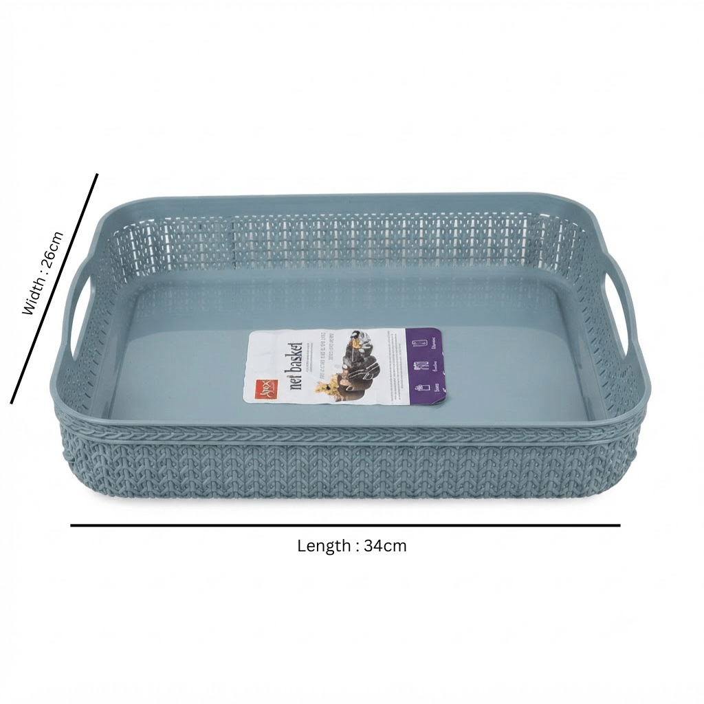 Apex Plastic Net Basket Rattan-Style Weave with Handles - 34×26 cm - Dusty Blue / Grey - Al Kabayel Discount CentreApex Plastic Net Basket Rattan-Style Weave with Handles - 34×26 cm - Dusty Blue / GreyOrganizers & AccessoriesAPEXAl Kabayel Discount Centre