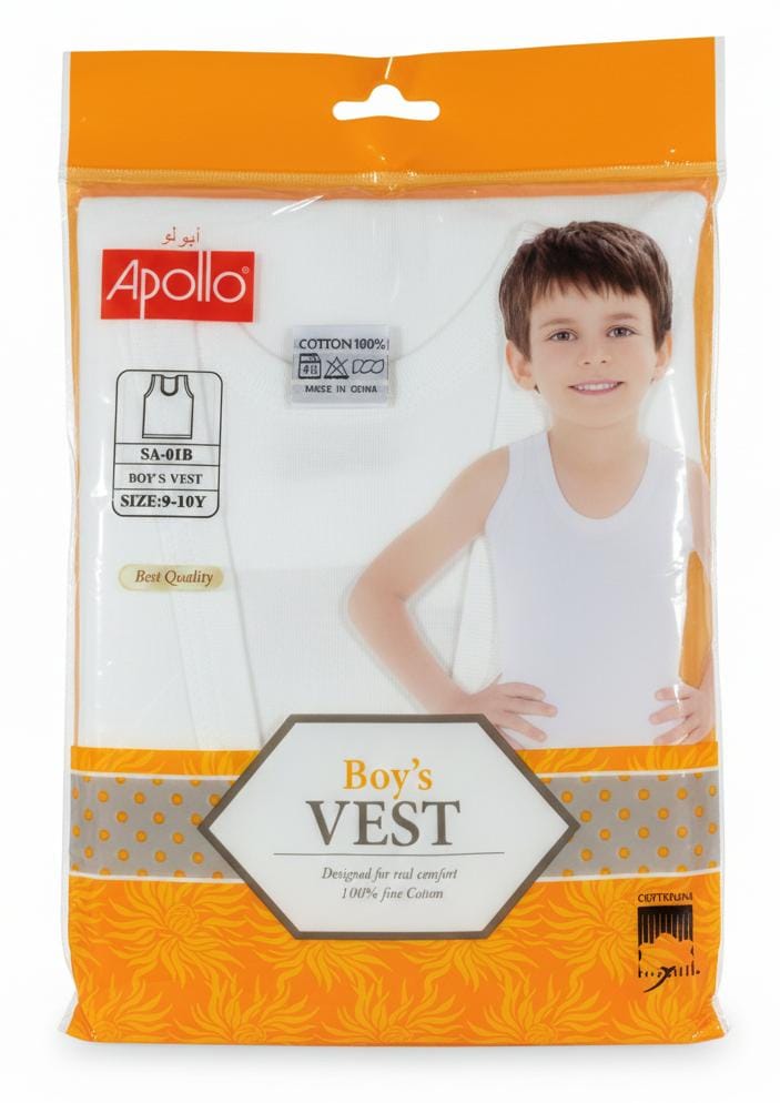 Apollo Boys Pure Cotton Sleeveless Vest, All - Day Comfort Fit, White Color, Kids Clothing, 9–10 Years - Al Kabayel Discount CentreApollo Boys Pure Cotton Sleeveless Vest, All - Day Comfort Fit, White Color, Kids Clothing, 9–10 YearsBoys's/Kid's UnderwearsAPOLLOAl Kabayel Discount Centre