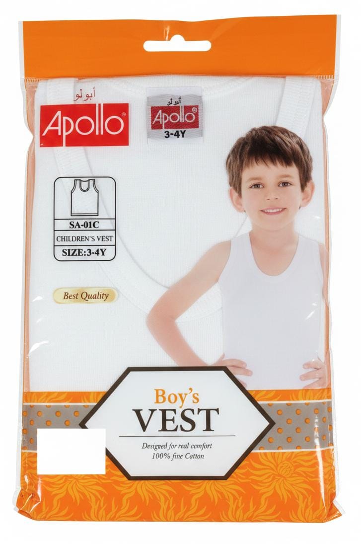 Apollo Boys Pure Cotton Sleeveless Vest, Gentle on Skin, White Color, Daily Innerwear, 3–4 Years - Al Kabayel Discount CentreApollo Boys Pure Cotton Sleeveless Vest, Gentle on Skin, White Color, Daily Innerwear, 3–4 YearsBoys's/Kid's UnderwearsAPOLLOAl Kabayel Discount Centre