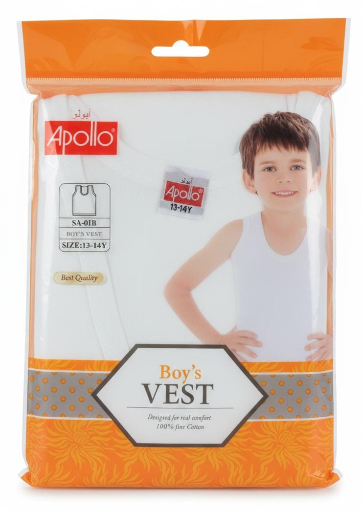 Apollo Boys Pure Cotton Sleeveless Vest, Skin - Friendly Cotton Material, White Color, Innerwear, 13–14 Years - Al Kabayel Discount CentreApollo Boys Pure Cotton Sleeveless Vest, Skin - Friendly Cotton Material, White Color, Innerwear, 13–14 YearsBoys's/Kid's UnderwearsAPOLLOAl Kabayel Discount Centre