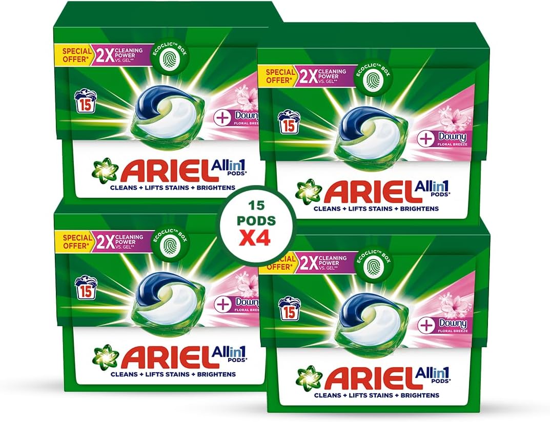 Ariel Floral Breeze All - in - 1 Pods, 15 count, Laundry Detergent Pods, (Pack of 4), 60 Pods - Al Kabayel Discount CentreAriel Floral Breeze All - in - 1 Pods, 15 count, Laundry Detergent Pods, (Pack of 4), 60 PodsHome SuppliesARIELAl Kabayel Discount Centre
