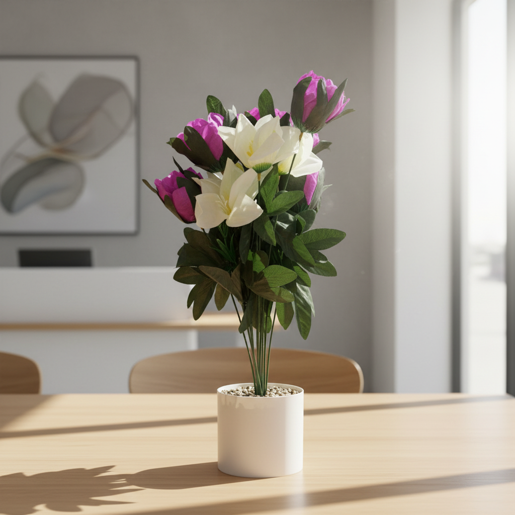 Artificial Flower Plant Purple with White Plastic Pot - 45cm