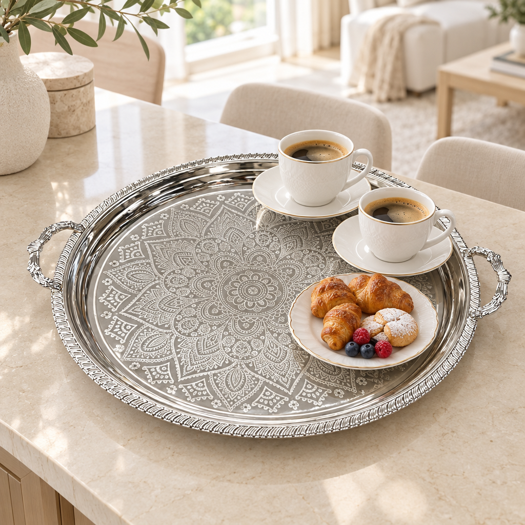 M.E.W Round Stainless Steel Serving Tray with Handles Silver - 53cm