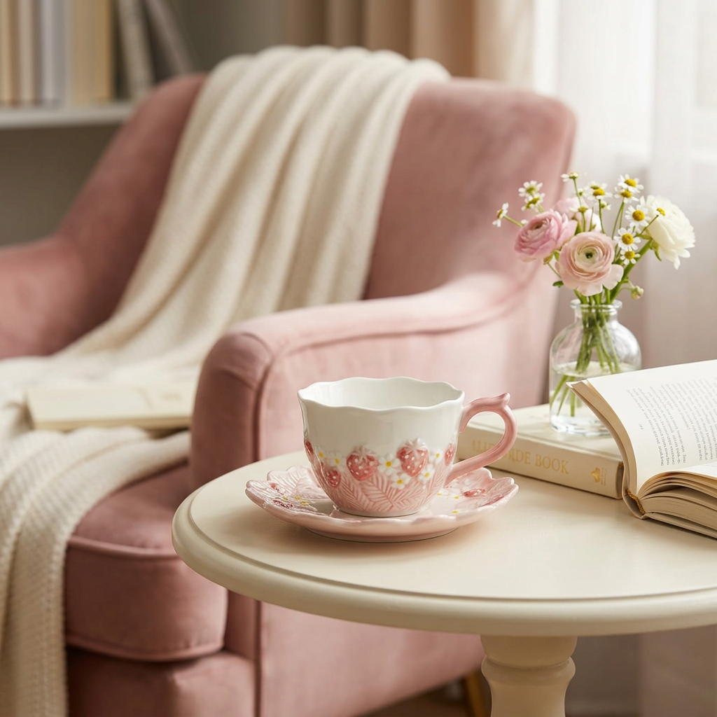 Luhpar Ceramic Cup & Saucer Set with Pink Strawberry Design - 300ml