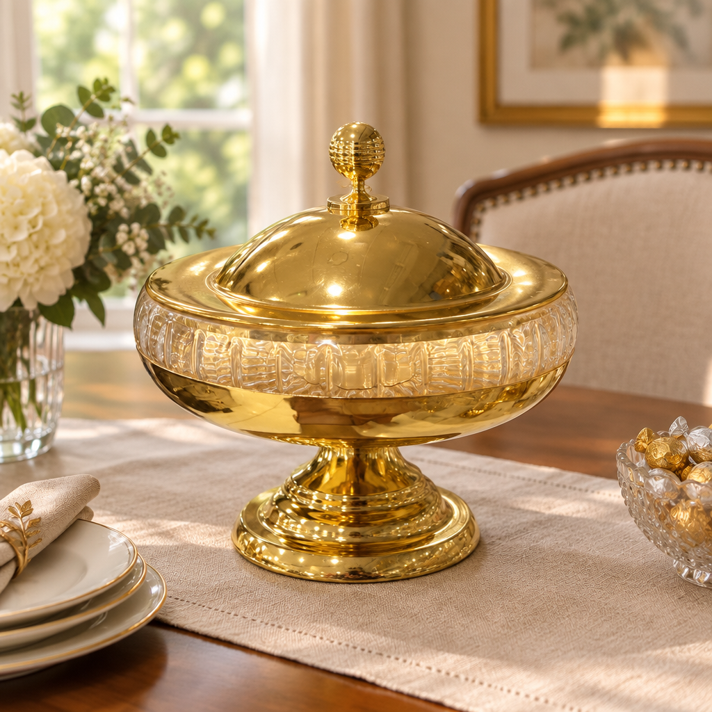 Metal and Glass Footed Candy Bowl with Lid Gold - 25×15cm
