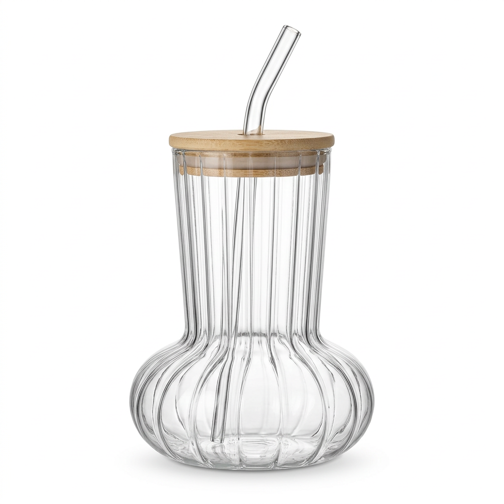 Ribbed Glass Bottle with Lid & Straw - 500ml