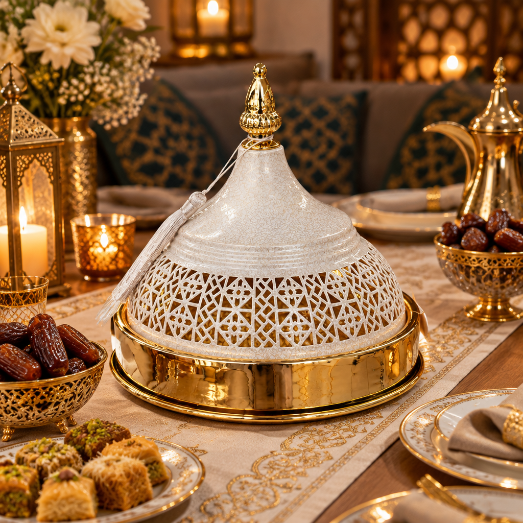 غطاء تقديم معدني للطاجن باللون الكريمي والذهبي - 23×20 سم