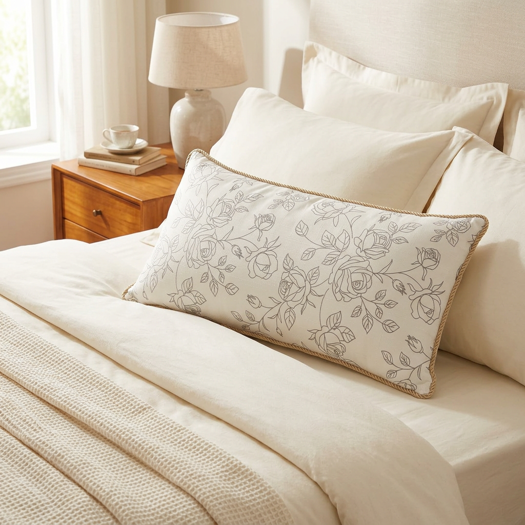 Rectangular Rose Print Cushion - Ivory & Grey – 30×70cm