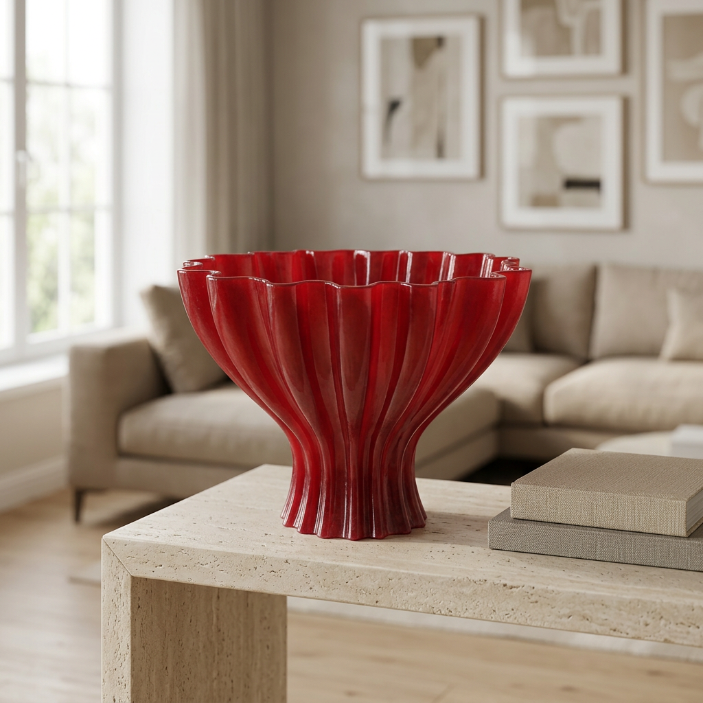 Resin Decorative Footed Bowl with Fluted Design Burgundy - 25×30cm