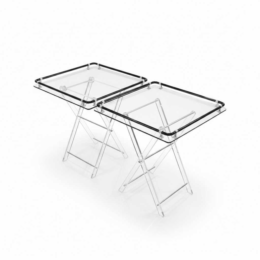 Bait Al Crystal Contemporary Clear Acrylic Folding Table Set with Black Tubular Rail and Silver Bracket Detailing Stylish 4 - Piece Set 50x50x40 cm - Al Kabayel Discount CentreBait Al Crystal Contemporary Clear Acrylic Folding Table Set with Black Tubular Rail and Silver Bracket Detailing Stylish 4 - Piece Set 50x50x40 cmOrganizers & AccessoriesBAIT AL CRYSTALAl Kabayel Discount Centre