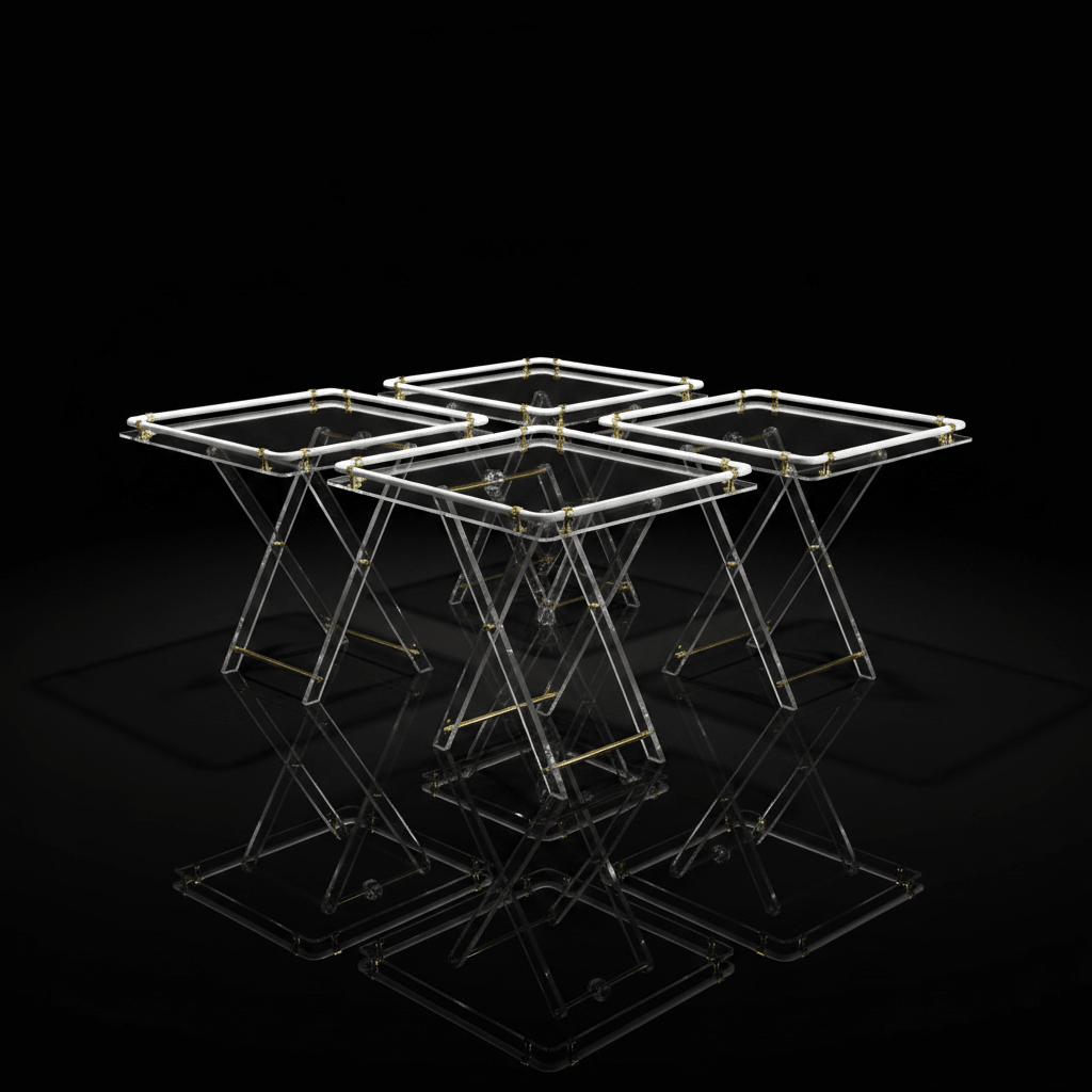 Bait Al Crystal Luxury Clear Acrylic 4 - Piece Folding Table Set with White Tubular Rail and Gold Metal Brackets Modern Home Accent Furniture 50x50x40 cm - Al Kabayel Discount CentreBait Al Crystal Luxury Clear Acrylic 4 - Piece Folding Table Set with White Tubular Rail and Gold Metal Brackets Modern Home Accent Furniture 50x50x40 cmOrganizers & AccessoriesBAIT AL CRYSTALAl Kabayel Discount Centre