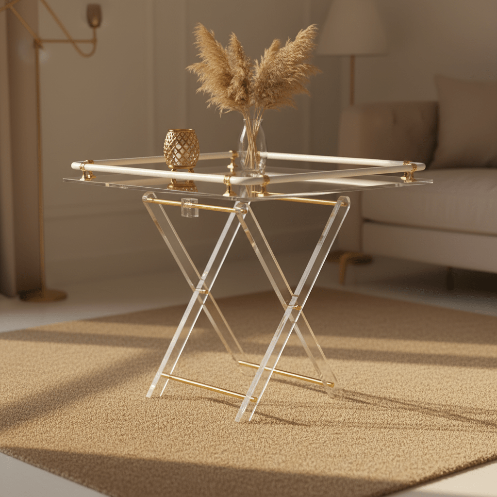 Bait Al Crystal Luxury Clear Acrylic 4 - Piece Folding Table Set with White Tubular Rail and Gold Metal Brackets Modern Home Accent Furniture 50x50x40 cm - Al Kabayel Discount CentreBait Al Crystal Luxury Clear Acrylic 4 - Piece Folding Table Set with White Tubular Rail and Gold Metal Brackets Modern Home Accent Furniture 50x50x40 cmOrganizers & AccessoriesBAIT AL CRYSTALAl Kabayel Discount Centre