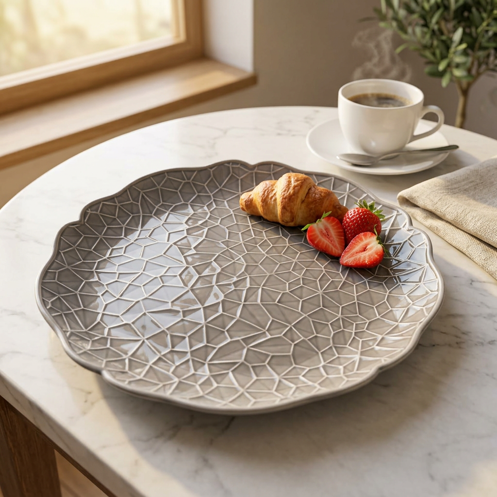 Ceramic Plate with Geometric Pattern & Scalloped Edge Grey – 27cm