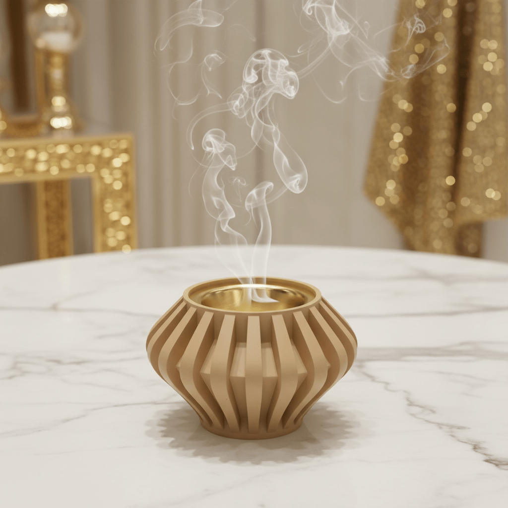Beige Chalk Incense Burner with Gold Brass Insert — Ribbed Geometric Design | 7cm - Al Kabayel Discount CentreBeige Chalk Incense Burner with Gold Brass Insert — Ribbed Geometric Design | 7cmIncense BurnerAKDCAl Kabayel Discount Centre