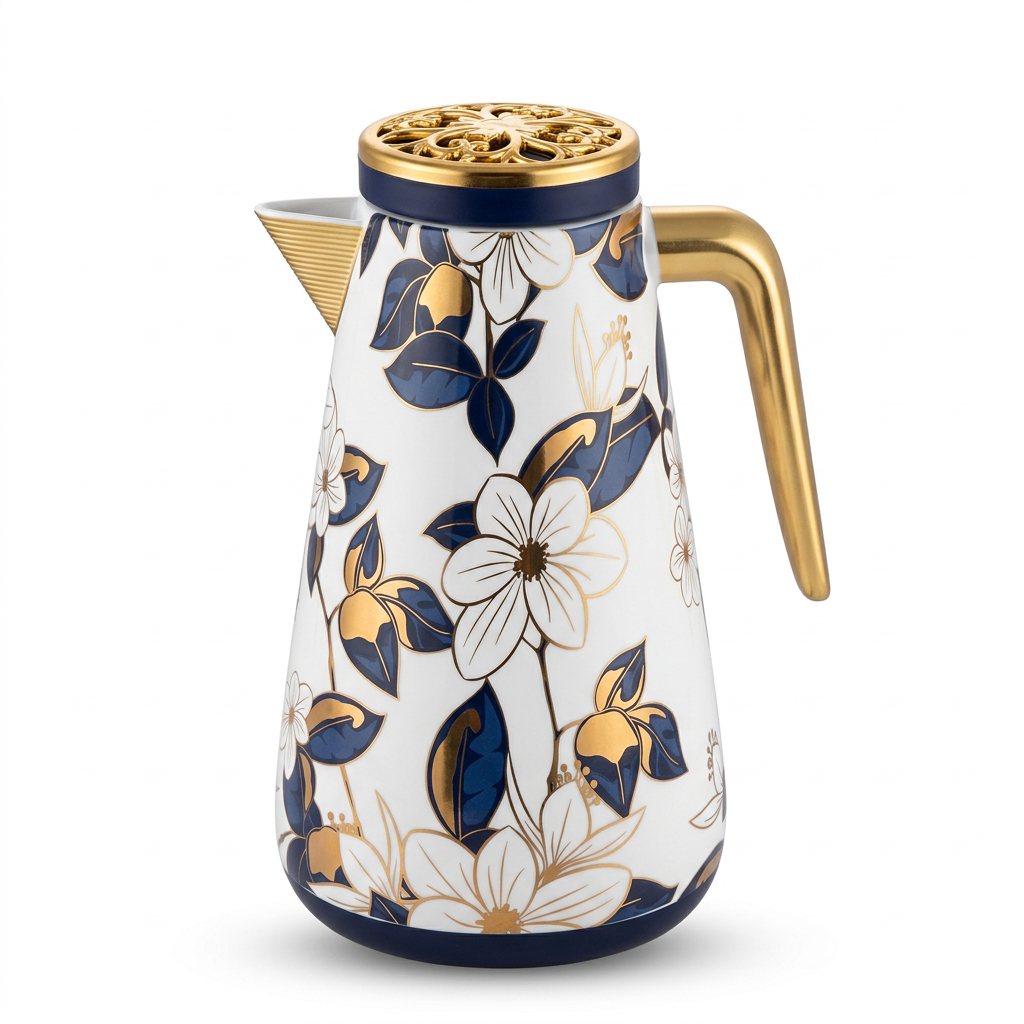 Royalford Floral Vacuum Flask White & Navy Blue - 1 Litre