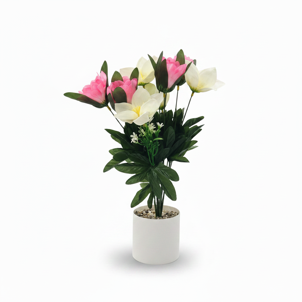 Artificial Flower Plant Pink with White Plastic Pot - 45cm