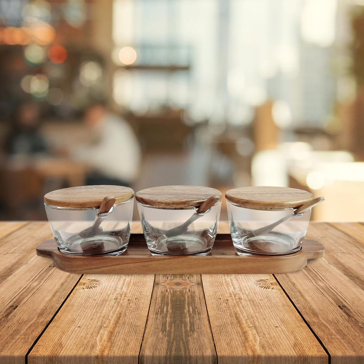 Billi 3 - Piece Condiment Set with Acacia Wood Tray, Lid & Spoon — 33.8×10×8.3 cm - Al Kabayel Discount CentreBilli 3 - Piece Condiment Set with Acacia Wood Tray, Lid & Spoon — 33.8×10×8.3 cmJars & Food SaversBILLIAl Kabayel Discount Centre