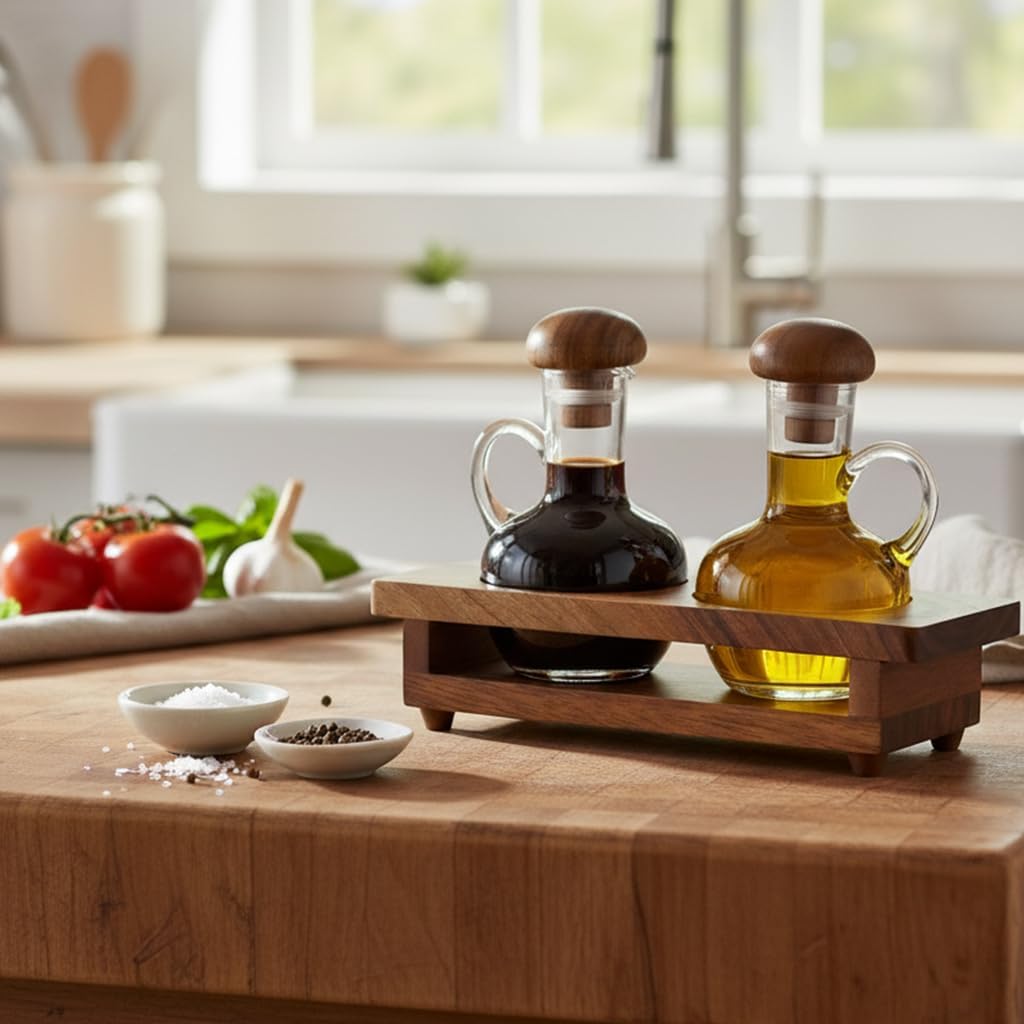 Billi Acacia Wood & Glass Oil and Vinegar Cruet Set | 2 - Bottle Condiment Dispenser with Wooden Stand - Al Kabayel Discount CentreBilli Acacia Wood & Glass Oil and Vinegar Cruet Set | 2 - Bottle Condiment Dispenser with Wooden StandOrganizers & AccessoriesBILLIAl Kabayel Discount Centre