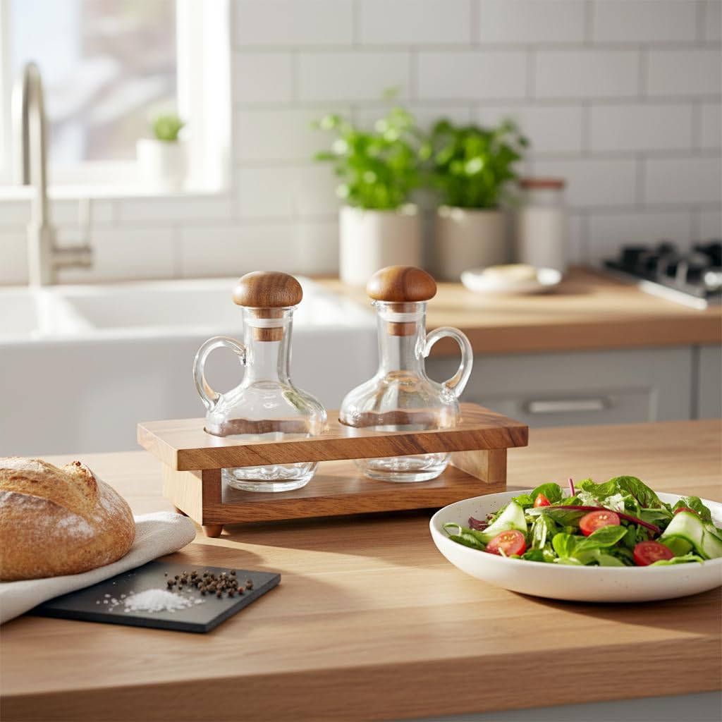 Billi Acacia Wood & Glass Oil and Vinegar Cruet Set | 2 - Bottle Condiment Dispenser with Wooden Stand - Al Kabayel Discount CentreBilli Acacia Wood & Glass Oil and Vinegar Cruet Set | 2 - Bottle Condiment Dispenser with Wooden StandOrganizers & AccessoriesBILLIAl Kabayel Discount Centre