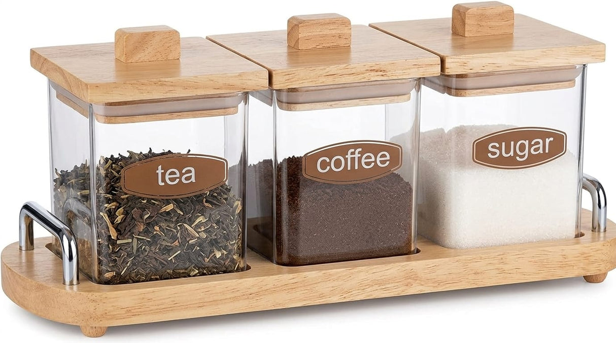 Billi Coffee, Tea & Sugar Canister Set with Wooden Lid & Stand 11*37*15.5 cm - Al Kabayel Discount CentreBilli Coffee, Tea & Sugar Canister Set with Wooden Lid & Stand 11*37*15.5 cmJars & Food SaversBILLIAl Kabayel Discount Centre