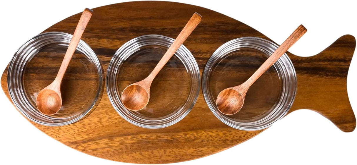 Billi Fish - Shaped Acacia Wood Condiment Set – 3 Glass Bowls & 3 Wooden Spoons - Al Kabayel Discount CentreBilli Fish - Shaped Acacia Wood Condiment Set – 3 Glass Bowls & 3 Wooden SpoonsJars & Food SaversBILLIAl Kabayel Discount Centre