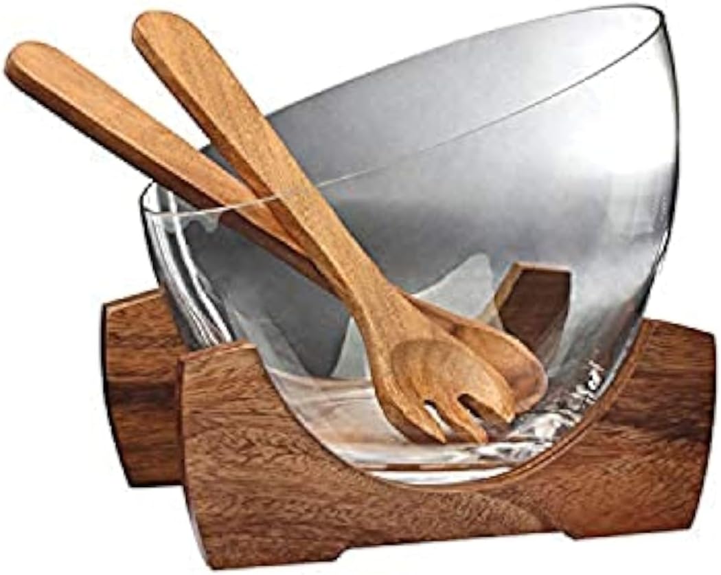 Billi Glass Salad Bowl with Acacia Wood Stand & Servers – 25.7×23.5 cm - Al Kabayel Discount CentreBilli Glass Salad Bowl with Acacia Wood Stand & Servers – 25.7×23.5 cmBowlsBILLIAl Kabayel Discount Centre