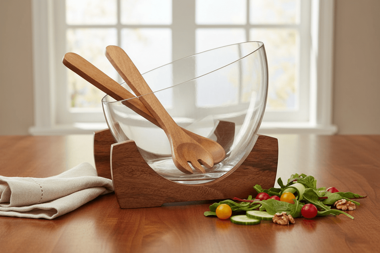 Billi Glass Salad Bowl with Acacia Wood Stand & Servers – 25.7×23.5 cm - Al Kabayel Discount CentreBilli Glass Salad Bowl with Acacia Wood Stand & Servers – 25.7×23.5 cmBowlsBILLIAl Kabayel Discount Centre