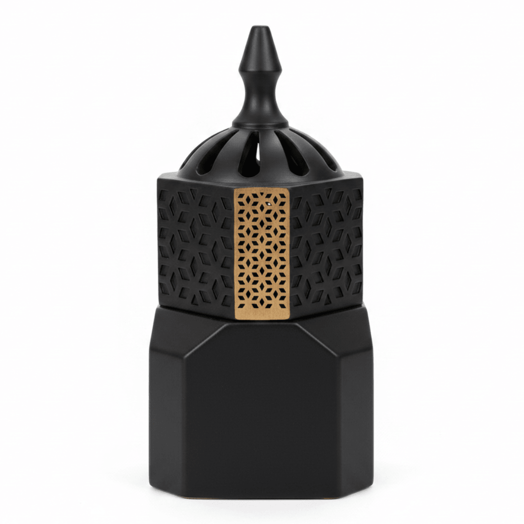 Black Ceramic Incense Burner — Hexagonal Bakhoor Mabkhara | 14cm - Al Kabayel Discount CentreBlack Ceramic Incense Burner — Hexagonal Bakhoor Mabkhara | 14cmIncense BurnerAKDCAl Kabayel Discount Centre