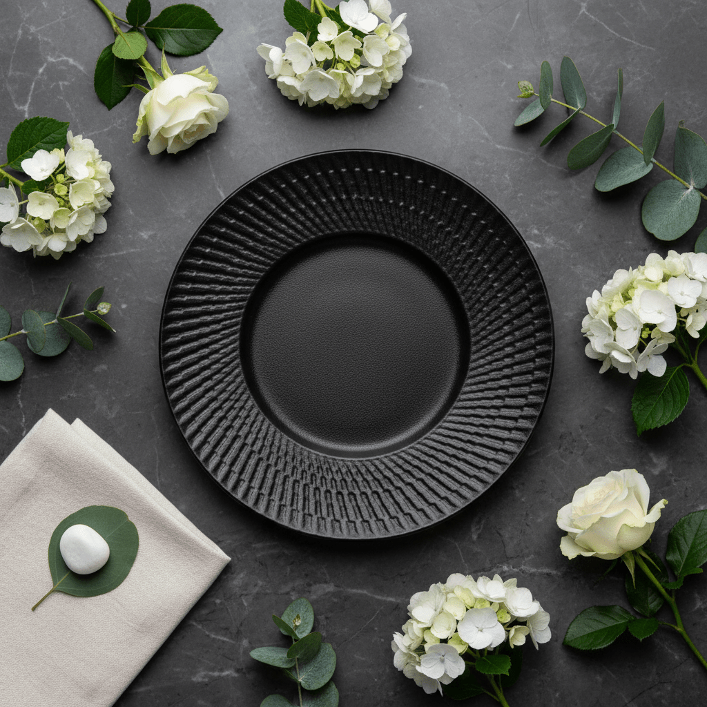 Black Ceramic Round Charger Plate with Embossed Radial Rim – 8.5 Inch - Al Kabayel Discount CentreBlack Ceramic Round Charger Plate with Embossed Radial Rim – 8.5 InchPlatesAKDCAl Kabayel Discount Centre